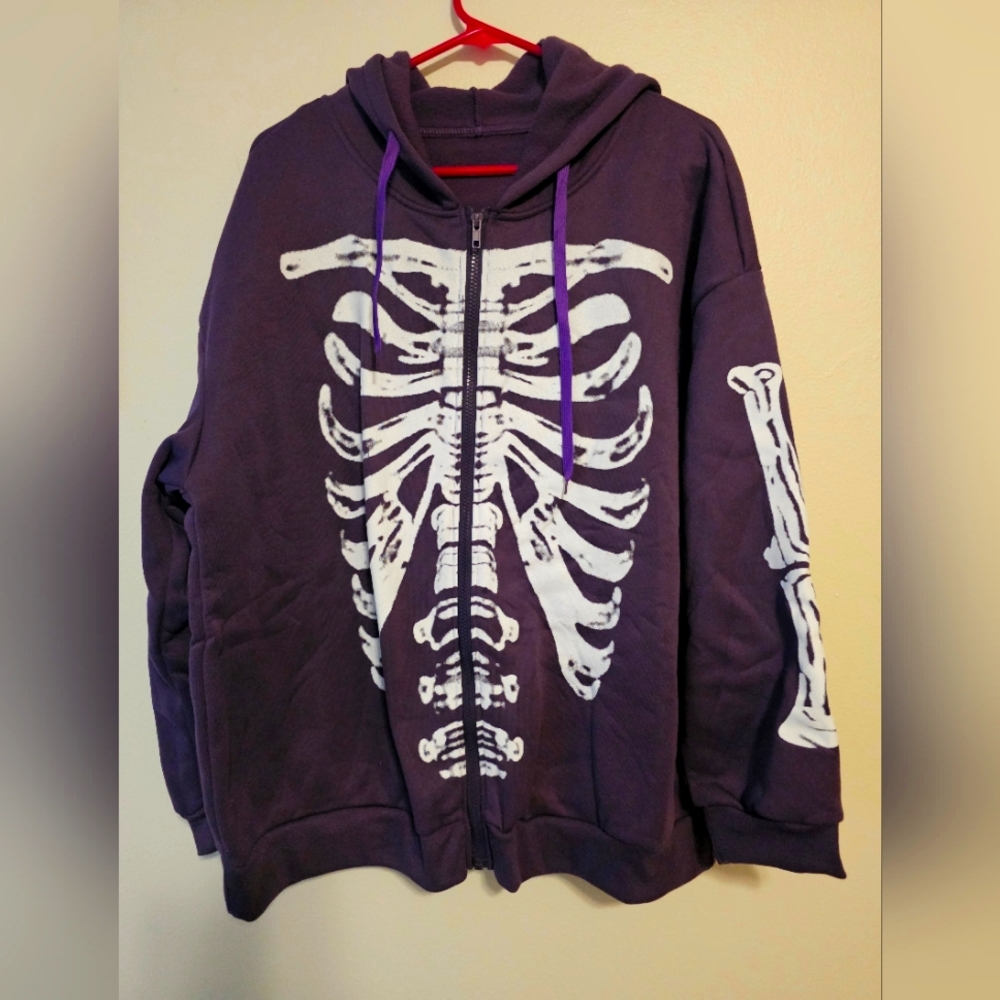 Skeleton Print Purple Zip Up Hoodie NWOT